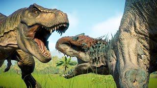100 x INDOMINUS REX vs 100 x TYRANNOSAURUS REX DINOSAUR BATTLE - Jurassic World Evolution 2
