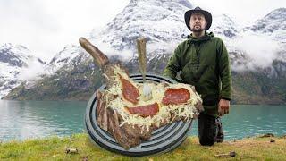 Tomahawk meat pizza baked in the wilderness | ASMR Outdoor Cooking