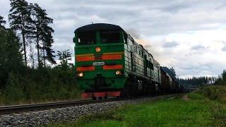 (Great sound of engine 10D100) Locomotive 2TE10U-0184 with freight train on stretch Trepe-Krustpils.