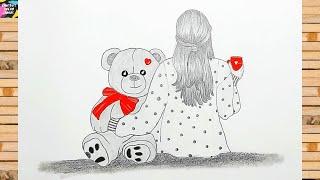 How to draw a girl with teddy bear - step by step | Pencil sketch for beginners | Art tutorial