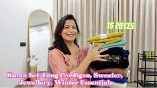 Kurta Pant Dupatta, Long Cardigan, Sweater, Viral Jewellery, Winter Essential Haul l Dream Simple