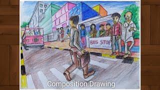 Bus Stop Memory Drawing Composition In 2 Point Perspective || Cityscape Practice-2 Point Perspective
