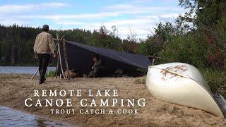 Canoe Camping on Remote Wilderness Lake - Rainbow Trout Catch & Cook, Tarp Shelter, Light Rain