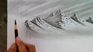 Winter mountain landscape scenery drawing with charcoal pencil easy ways //