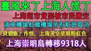 颱風來了，上海人慌了，超市貨架都被市民搬空。浦東機場虹橋機場所有航班取消。颱風貝碧嘉作怪，上海天空變粉色。崇明島轉移9318人。