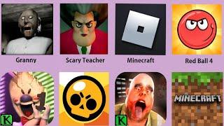 Granny,Scary Teacher,Minecraft,Red Ball 4,Ice Scream,Roblox,Brawl Stars,Mr.Meat