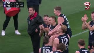 Jack Newnes chaired off after his 200th AFL game in the Blues win over Freo