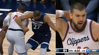 Rudy Gobert heated and throws elbow to back of Ivica Zubac and refs don't review it 