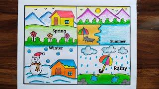 Four Seasons Drawing / Season Sketch Drawing For Project / How To Draw Weather Season Drawing easy