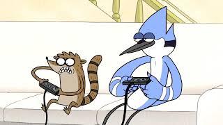 Mordecai and Rigby playing videogames