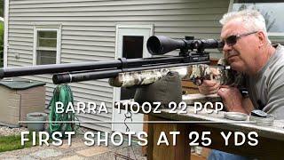 Barra 1100Z 22 caliber PCP air rifle in veil camo. First groups at 25 yds H&N baracudas and hammers