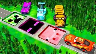 Giant Minecraft Pig & Enderman & Creeper Pit Vs McQueen And Huge & Tiny PIXAR CARS! Beam.NG Drive!