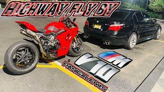 Ducati V4S & Gintani BMW M5 V10 - STRAIGHT PIPE Highway Fly By! ( Ducati Spark exhaust )