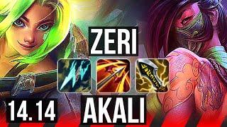 ZERI vs AKALI (TOP) | 69% winrate, 14/5/11, Dominating, Rank 15 Zeri | NA Challenger | 14.14