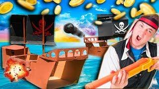 BOX FORT PIRATE SHIP BATTLE! Papa Jake Vs Logan Nerf Battle