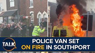 Violent Clashes Between Protesters And Police In Southport Following Stabbings | Police Van On Fire
