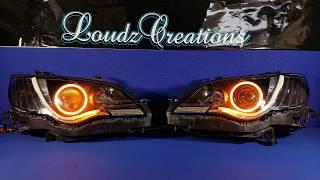 Subaru Liberty Legacy custom headlights white/amber LED halo rings sequential strips black