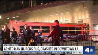 Hijacked Metro bus collides with cars and crashes into hotel