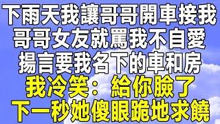 下雨天我讓哥哥開車接我，哥哥女友就罵我不自愛，揚言要我名下的車和房，我冷笑：給你臉了！下一秒她傻眼跪地求饒！#情感秘密 #情感 #家庭 #中年 #深夜故事 #為人處世 #老年