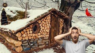 You Won’t Believe What I Built – A Cozy Wooden Shelter in the Snowy Wilderness