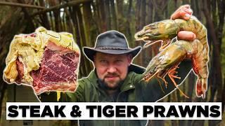 Tiger prawns with freshly grilled butter steak - ASMR Outdoor cooking