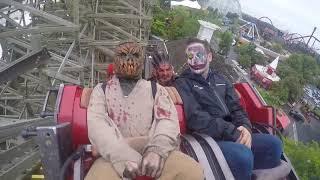 Riding GOLIATH roller coaster with Fright Fest monsters at Six Flags Great America