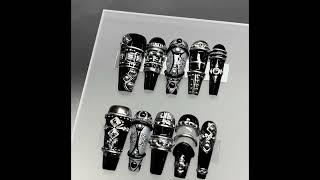 【Gothic Glamour】Siva Design Black & Silver Press-On Nails: Unleash Your Inner Diva!