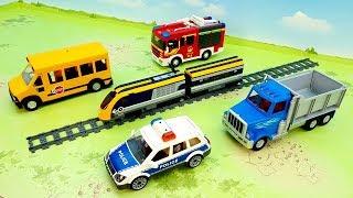 Fire Truck Train Dump Truck Police cars - video for children - fire truck train police toys