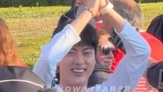 240714 BTS Jin 김석진's reaction to his song 'Super Tuna' played at the 2024 Paris Olympics Torch Relay