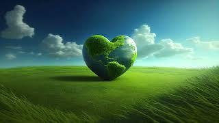 Valentines Day Gods Love Heart Shaped Earth Blue Cloud Sky Flowing Green Grass Field Background Loop