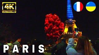 Eiffel Tower lit Ukraine's Flag Color in Solidarity [4K]Paris France Walk