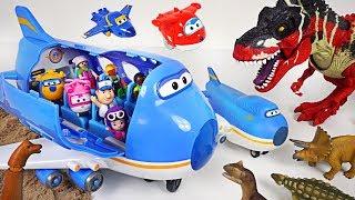 Super Wings Giant jumbo plane crashed on dinosaur island! Help! Transform robot suit! - DuDuPopTOY