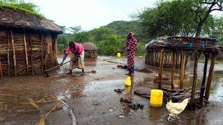 Rainy day in African Village#cooking village food Milking Carmels