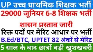 29000 जूनियर 6-8 शिक्षक भर्ती शासन प्रस्ताव जारी | B.Ed/BTC, UPTET 82 अंकों आधार पर भर्ती आदेश जारी