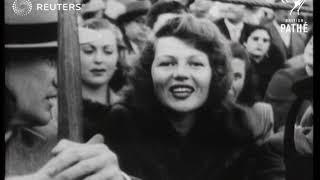 Film Star Rita Hayworth attends a bullfight in Seville (Sevilla), Spain (1950)