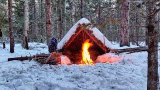 3 Winter Camping Shelters in 10 minutes, complete and warm survival shelter, Bushcraft and Hot Tent