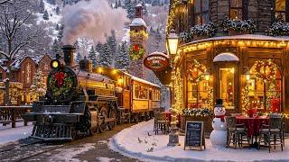 Warm Holiday Jazz, Snowy Night at a Cozy Street Coffee Shop in Festive Winter Town - Christmas Vibes