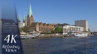 4K UHD Relaxing Video: Bremen, Germany - Weser, Stadtwerder, Inner City, River Boats