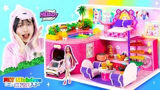 Build Perfect Pink Dollhouse with A Pool and Car Spot!  | DIY Miniature Cardboard House