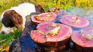 Stuffed BEEF TENDERLOIN + Baked Potatoes Cooked on HOT STONES | ASMR  Relaxing Cooking