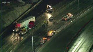 Jackknifed semi-truck blocking traffic in Tacoma