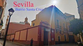 Seville Spain 4k  Morning Summer short walk. Barrio de Santa Cruz Neighborhood