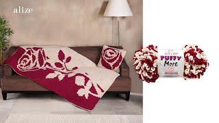 Rose Patterned Blanket and Cushion with Alize Puffy More