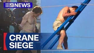 Man arrested after dramatic standoff with police on top of crane | 9 News Australia