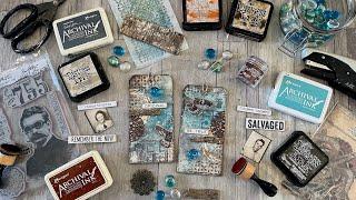 Tag Time - mixed media tags with Tim Holtz products and some rust