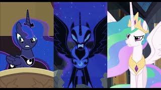 Luna transforms into Nightmare Moon and fights Celestia