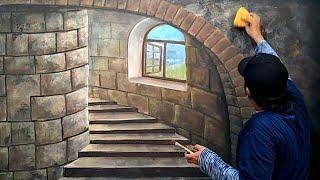 CARA PINTAS !! Lukis Dinding 3D Dengan Spon Busa !! 3D Wall Painting With Foam Sponge