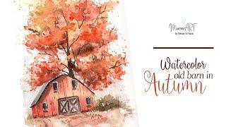 Watercolor old barn in Autumn