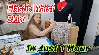 DIY Quick & Easy elastic waist skirt in just 1 hour. Easy beginner sewing project. No pattern needed