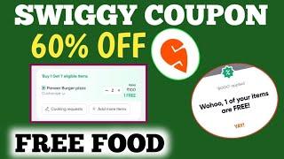 swiggy coupon 60% off + free food || swiggy coupon code today